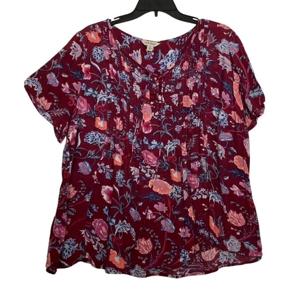 Lucky Brand Womens 3X Floral Short Sleeve Burgundy‎ Viscose Blouse India Made